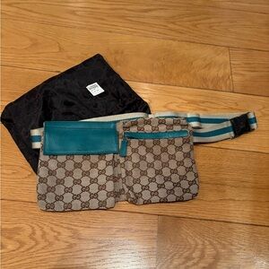 Gucci Monogram Belt Bag with Teal Accents